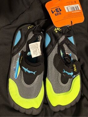 Neon Green Blue Gray Kids Water Shoes with Shark Accent